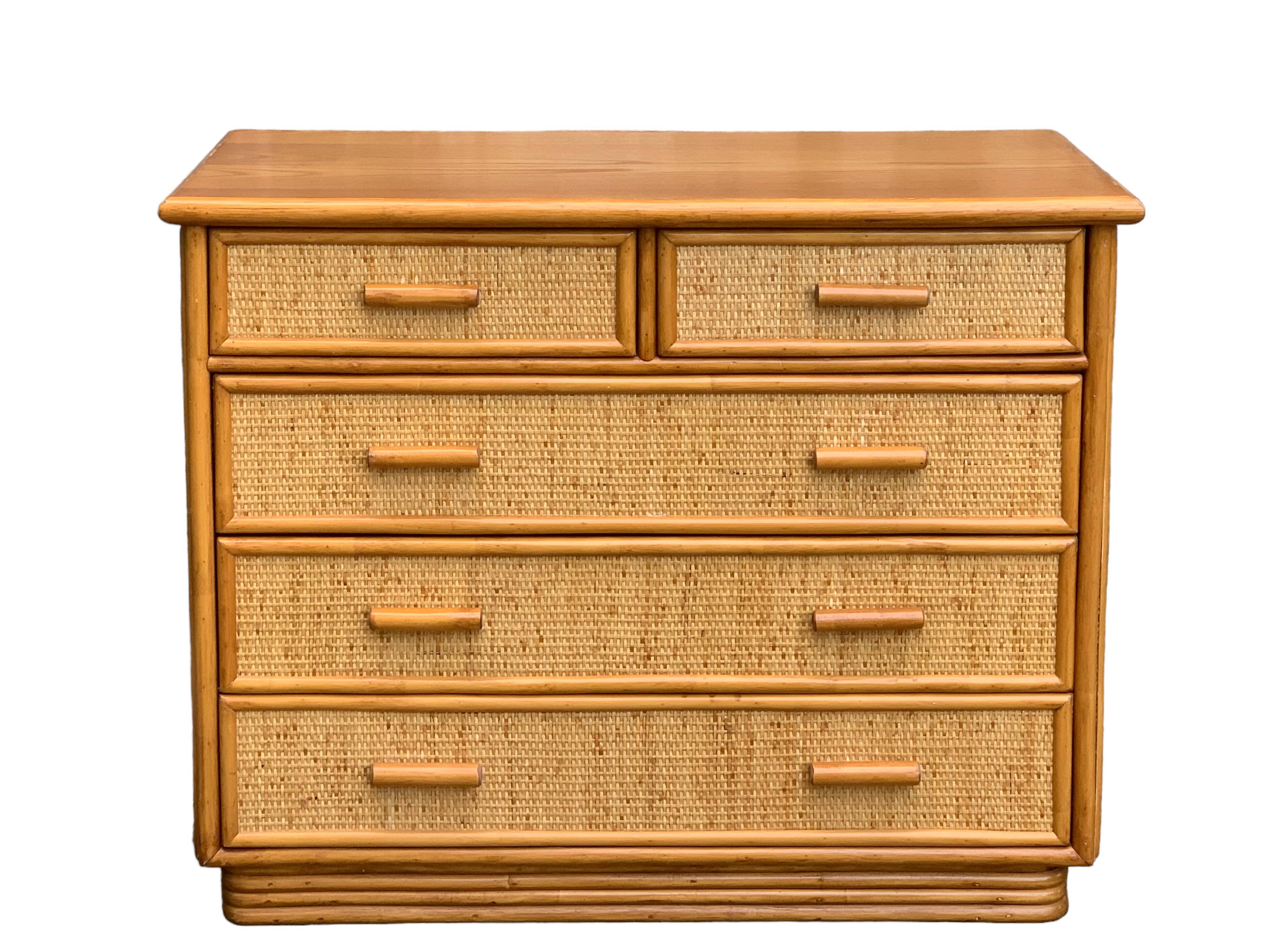 Vintage rattan and woven wicker chest of drawers 1970