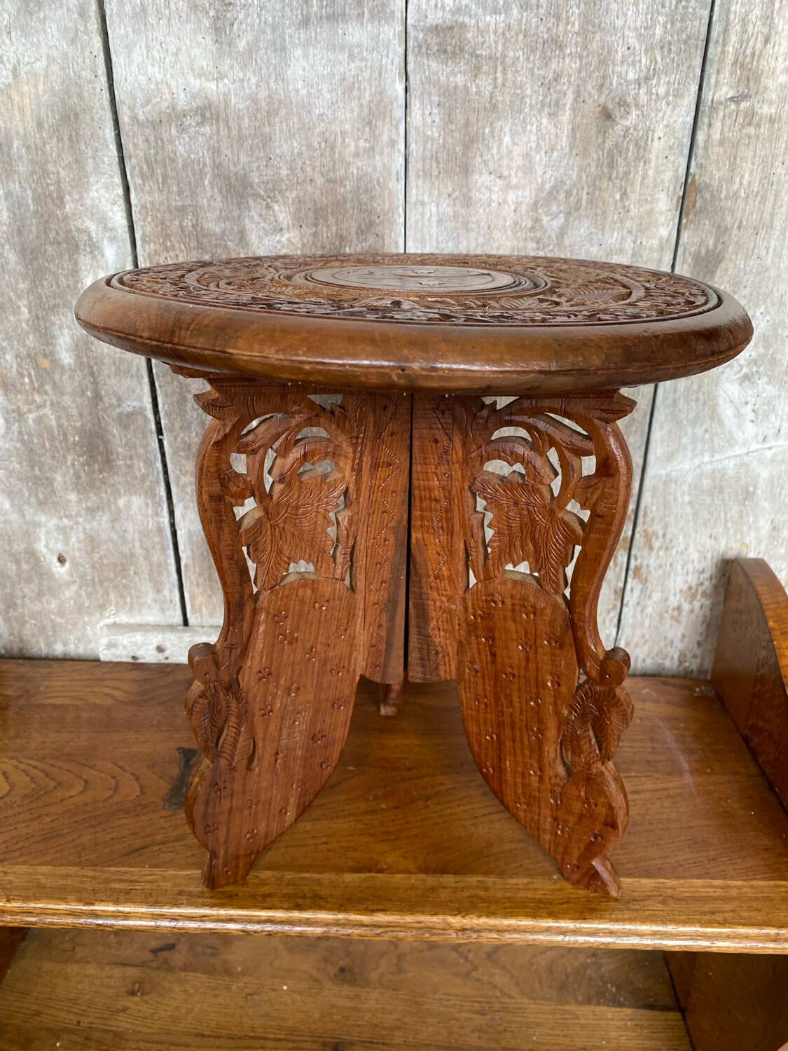 Antique tripod coffee table carved wood & brass inlaid india vintage