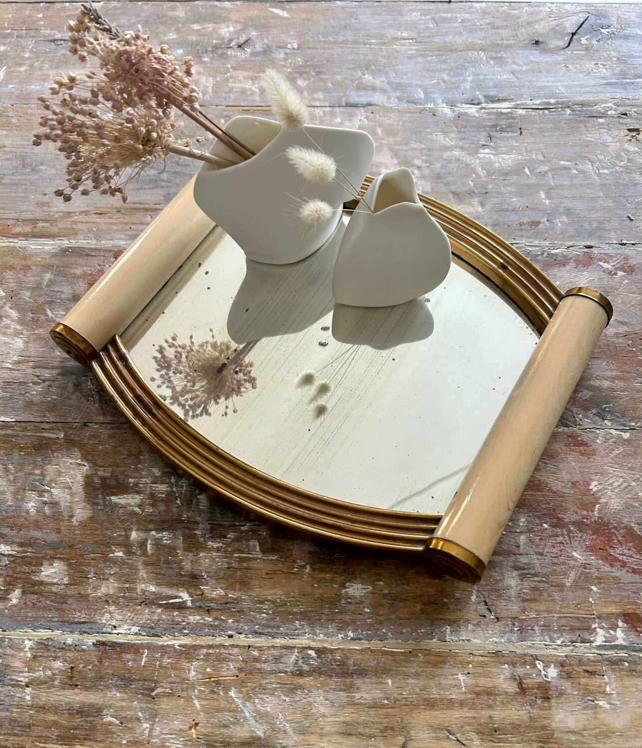 Plateau miroir art deco , bois doré