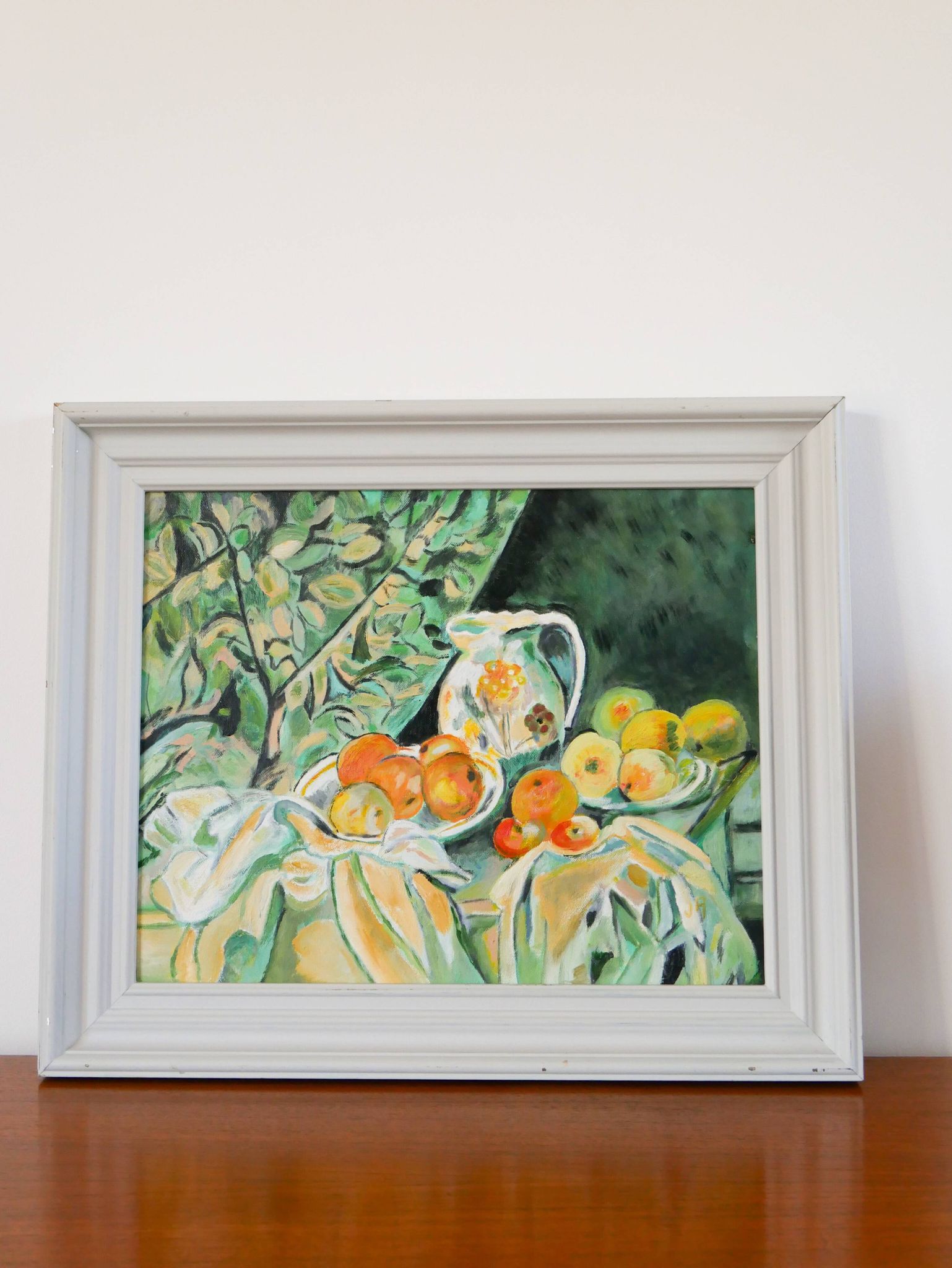 Beautiful painting, oil on cardboard, still life after Cézanne, Orange Green
