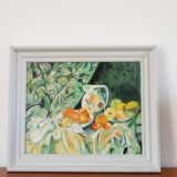 Joli tableau, huile sur carton, nature morte d'après Cézanne, Vert Orange