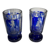 Bohemian crystal, set of 2 glasses, double-cut cobalt blue, ca 1900