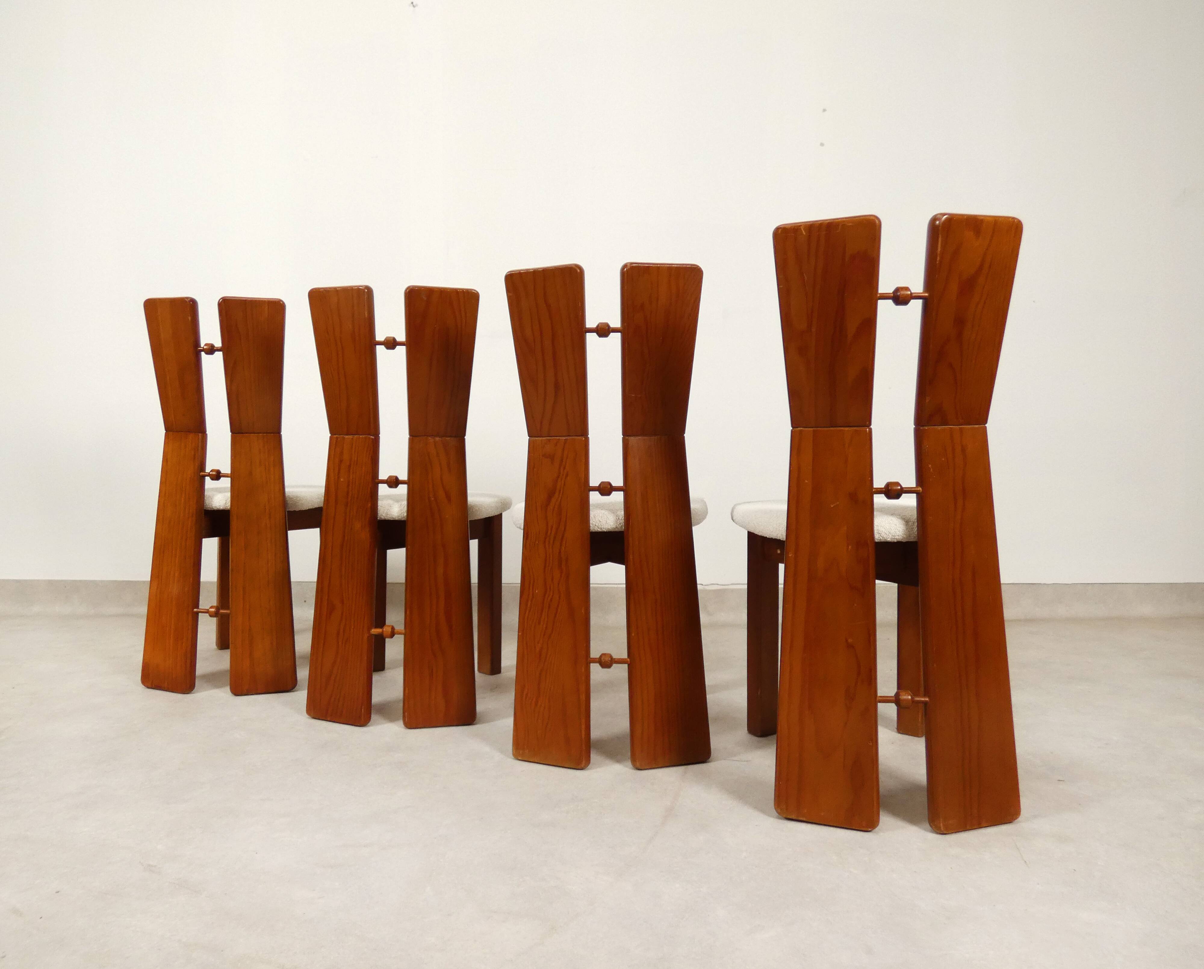 70's brutalist dining chairs in oak with bouclé fabric