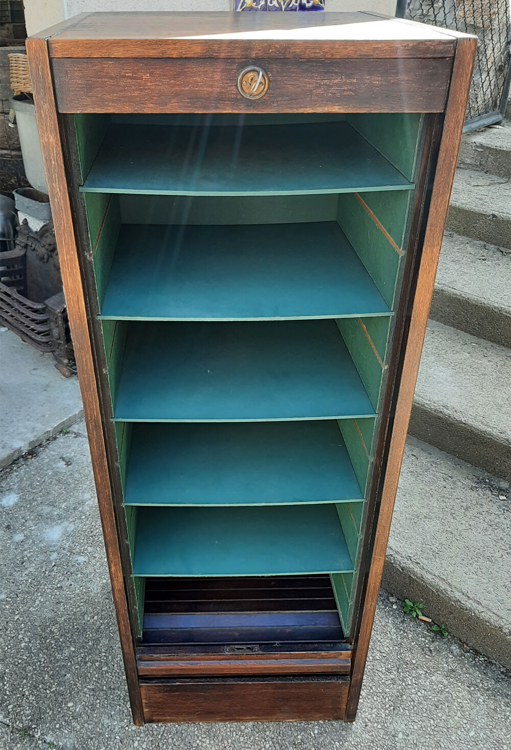 Cabinet storage cabinet with curtains, wooden, vintage.