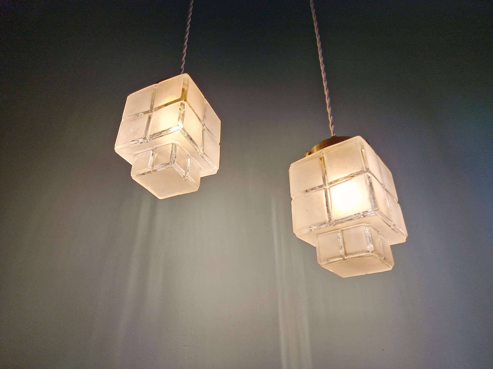 Pair of Art Deco Skyscraper satin glass pendant lights, 1930s