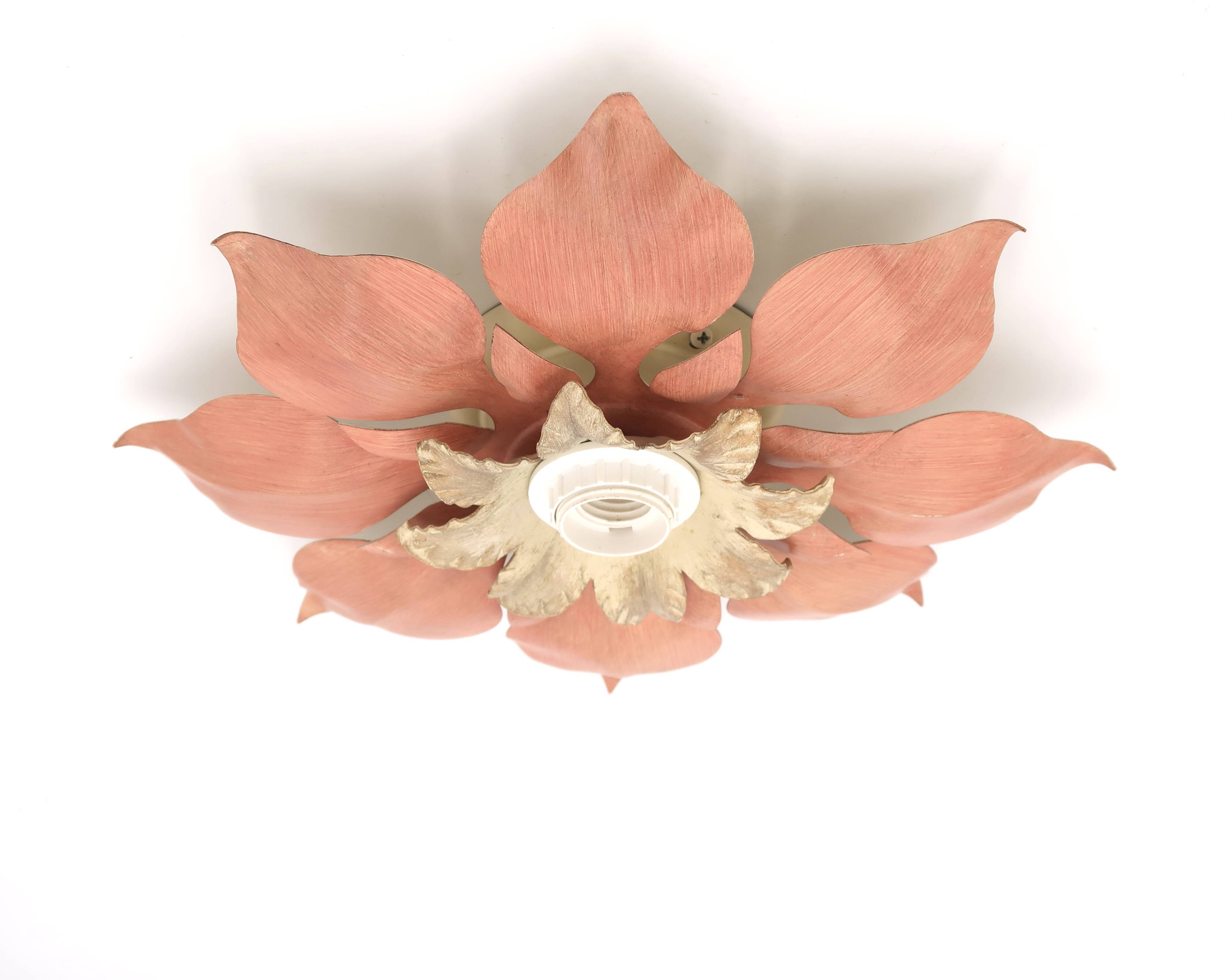 Flower wall or ceiling light in pink and beige metal, 80s
