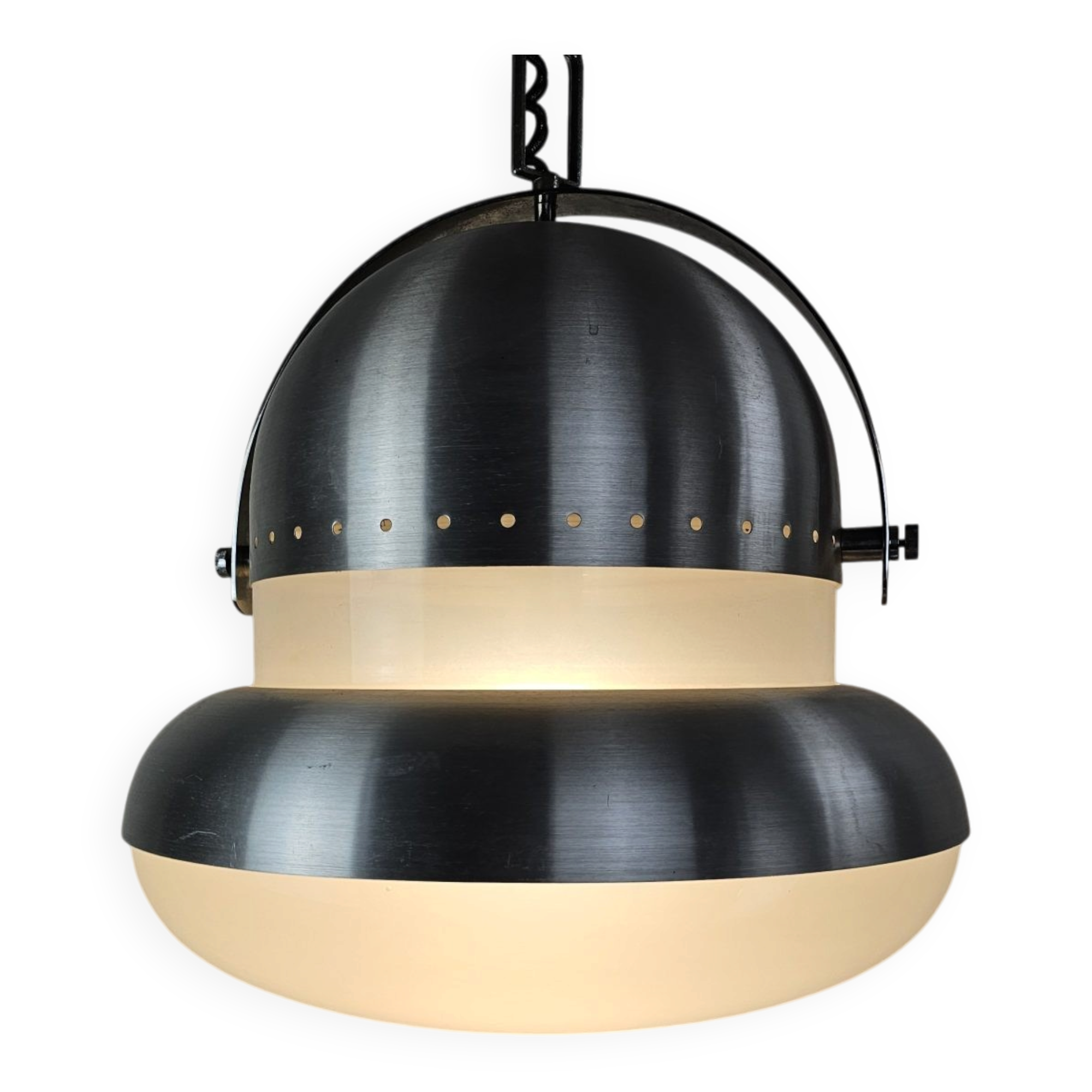 Large pendant lamp in brushed metal and opaline glass, Italy 1970s
