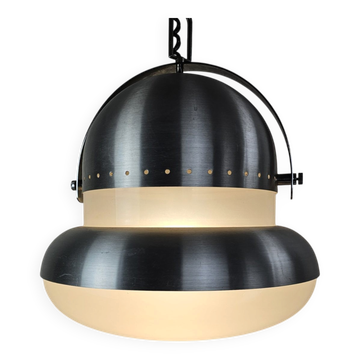 Large pendant lamp in brushed metal and opaline glass, Italy 1970s