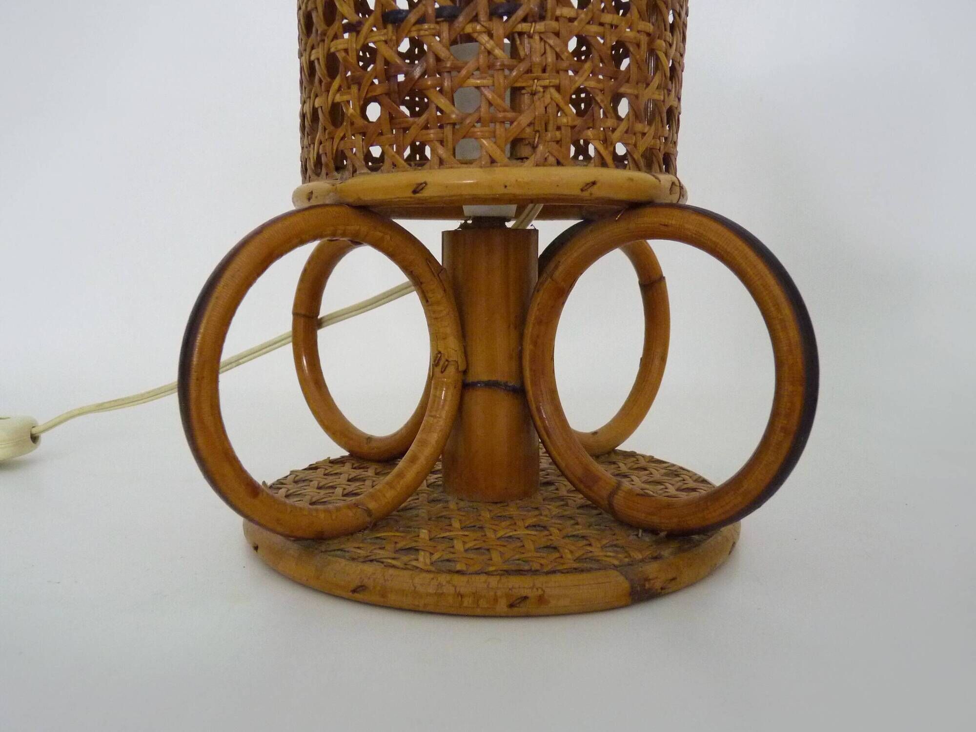 Pair of bamboo rattan caned lamps. Italy 1950s 60s.