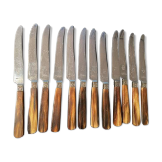 Coffret de 12 couteaux anciens lame inoxydable et manche en corne Les oies du capitol