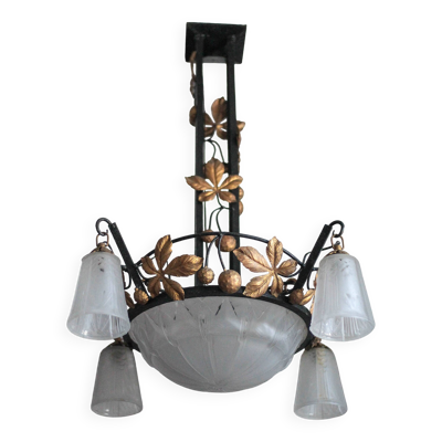 Lustre Art déco en fer forgé et verre Muller Frères Lunéville