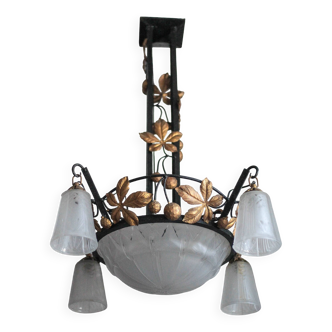 Lustre Art déco en fer forgé et verre Muller Frères Lunéville