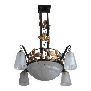 Lustre Art déco en fer forgé et verre Muller Frères Lunéville