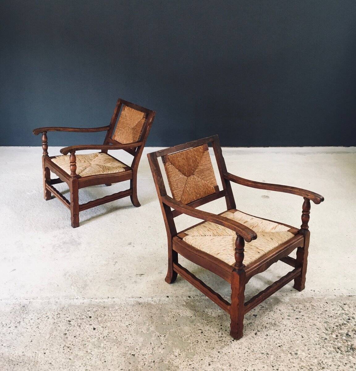 Arts & Crafts Handcrafted Low Lounge Armchairs, Belgium, 1920s, Set of 2