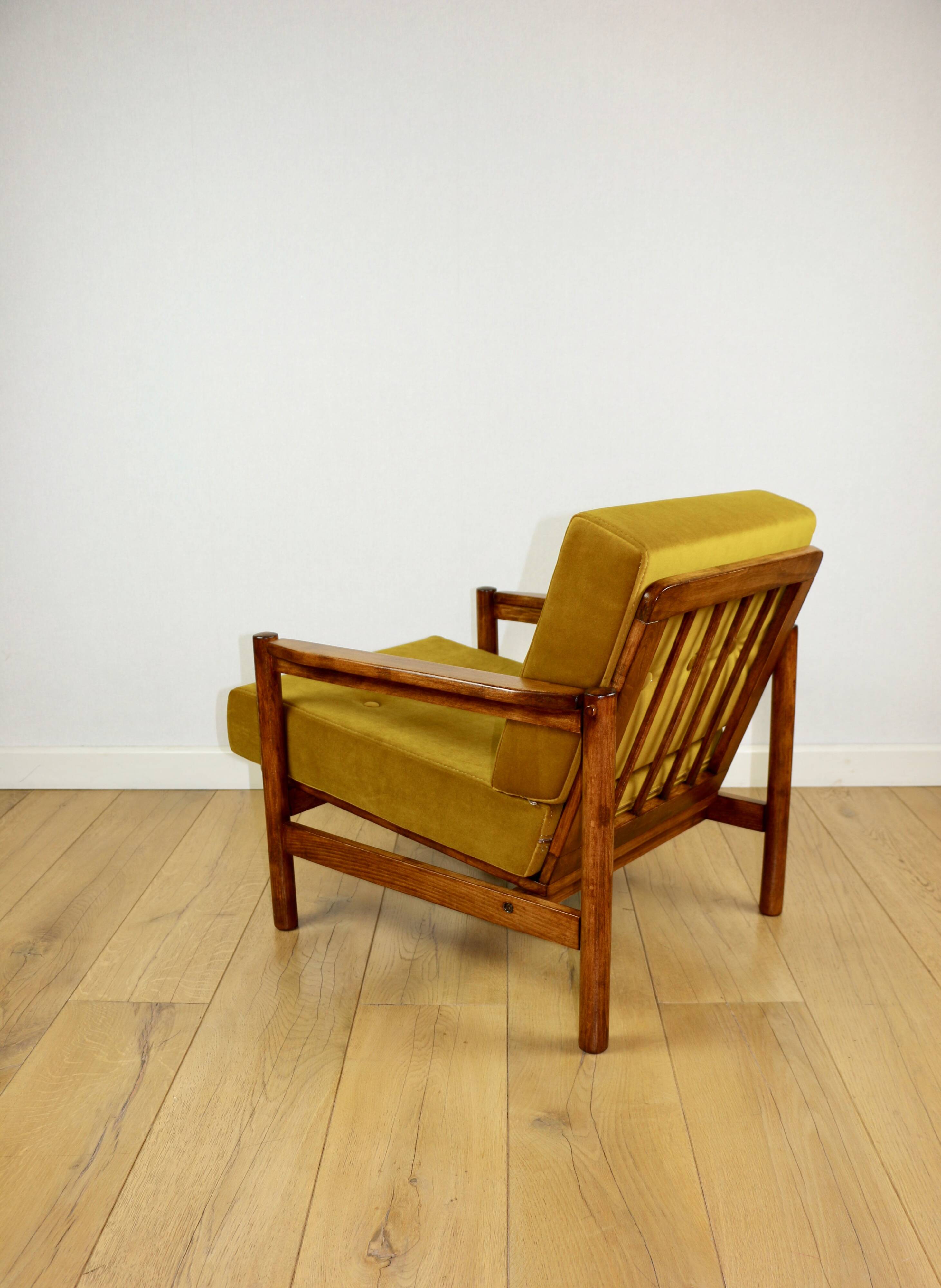 Wooden armchair designed by Z. Baczyk brown vintage yellow-olive