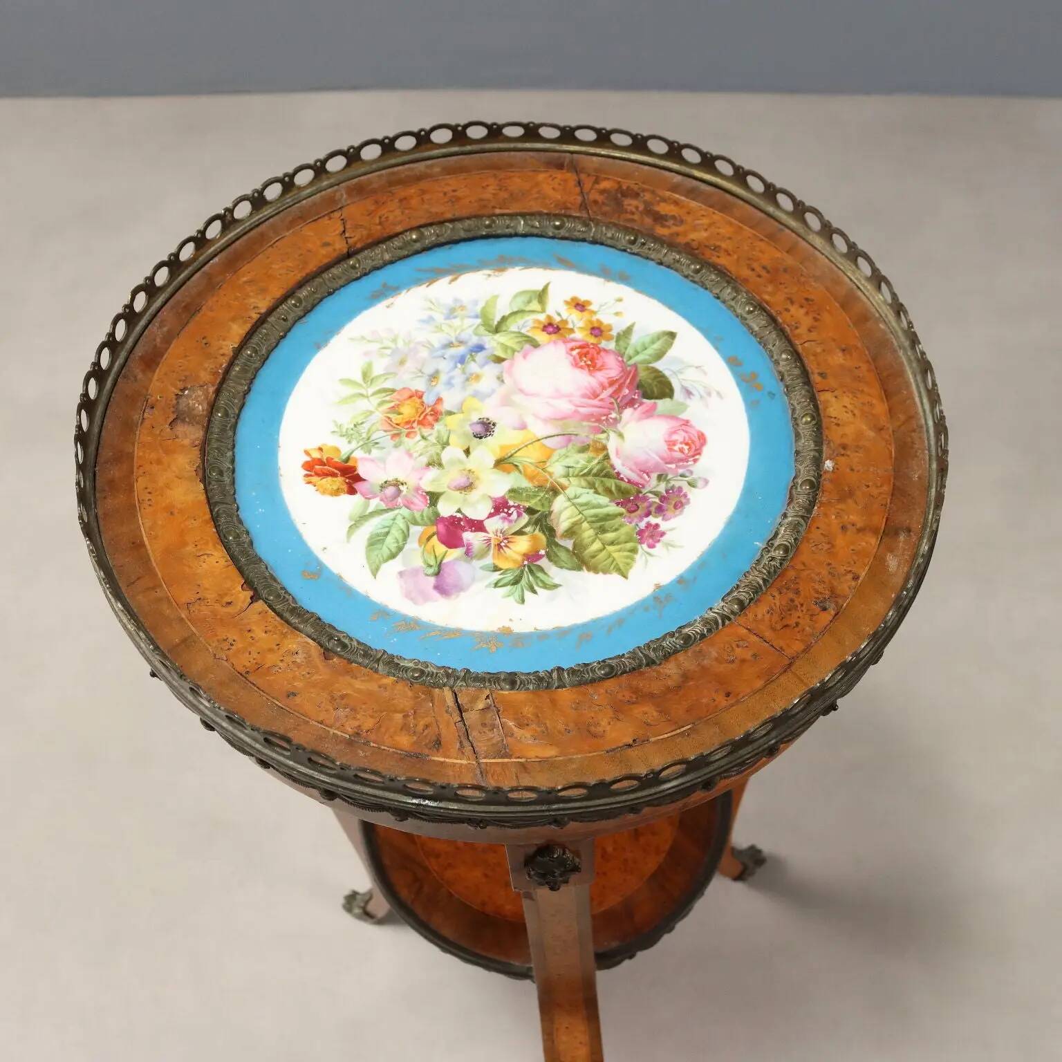 Antique walnut coffee table with painted ceramic insert, 20th century.