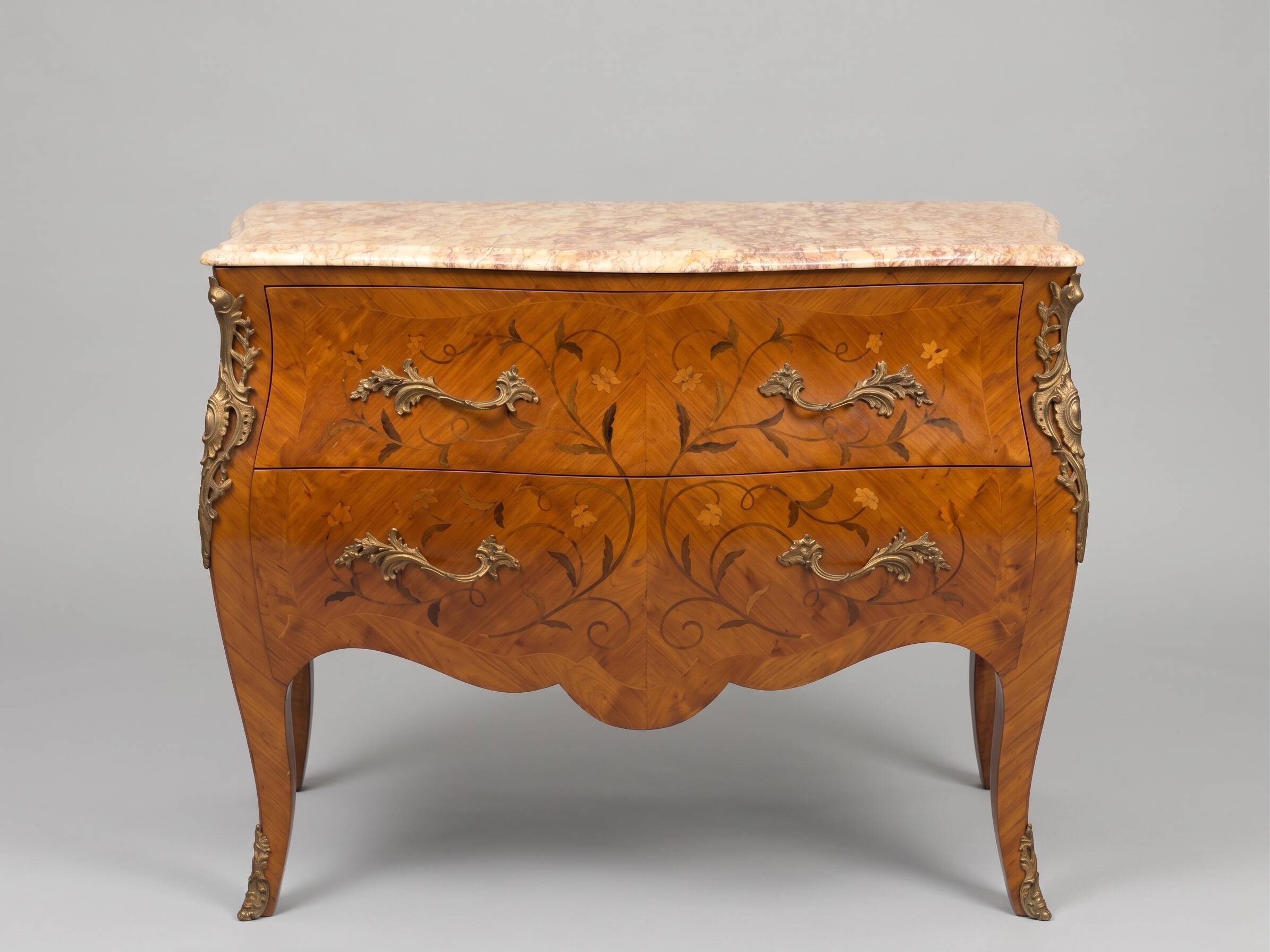 Louis XV style commode with marquetry and marble.