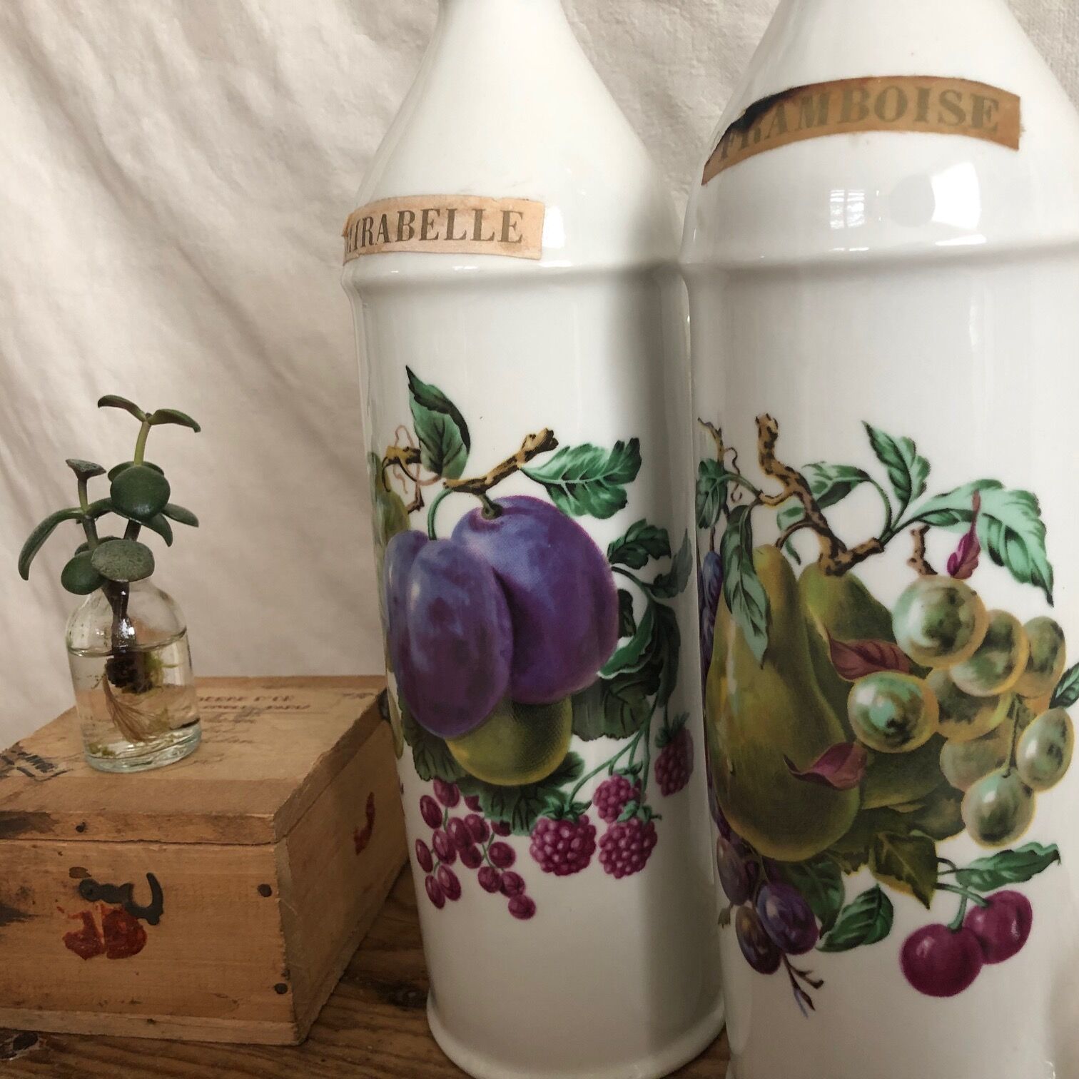 Porcelain bottle duo for mirabelle and raspberry brandy
