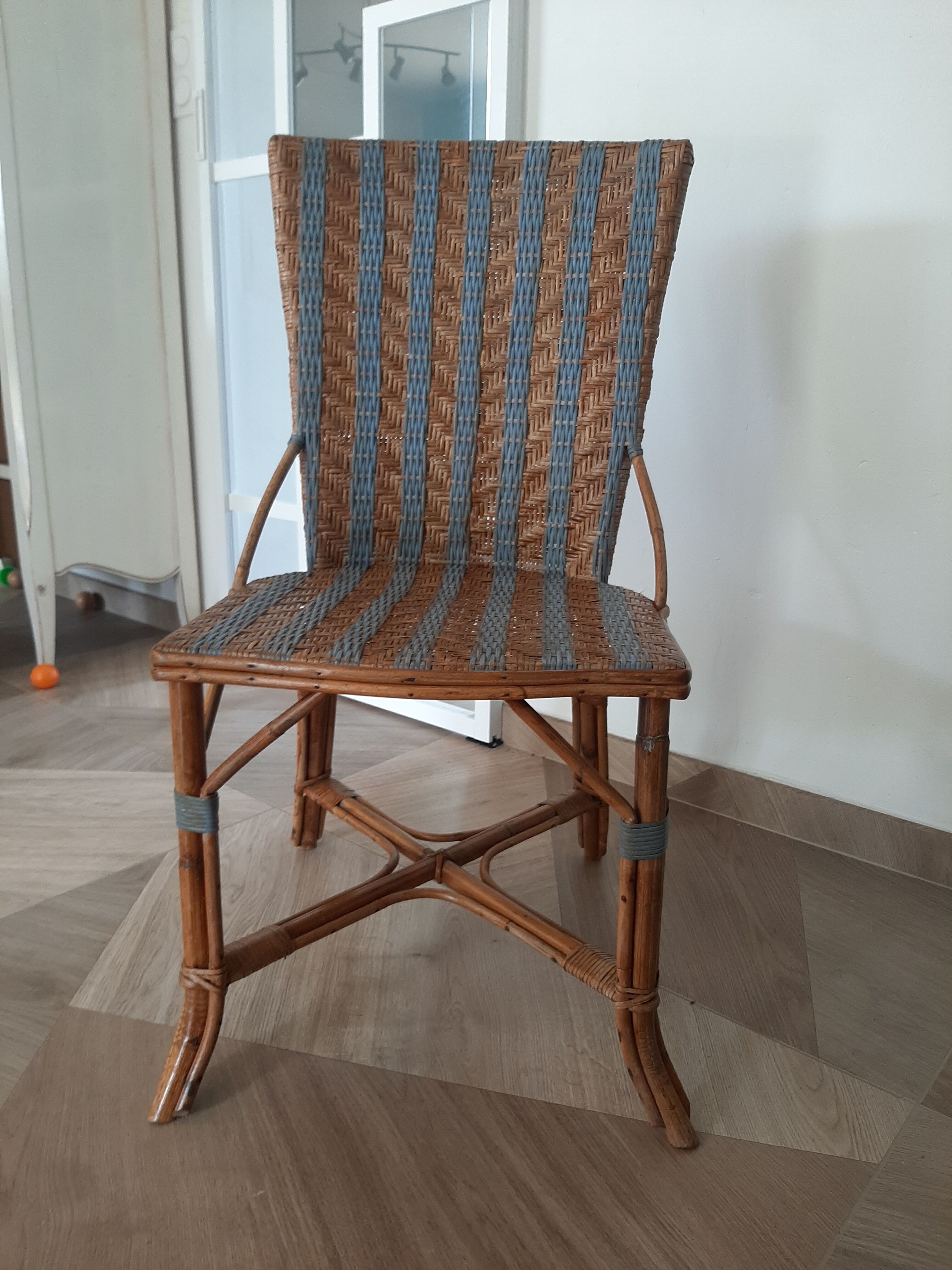 2 woven rattan garden chairs – sky blue net patterns – 1940s