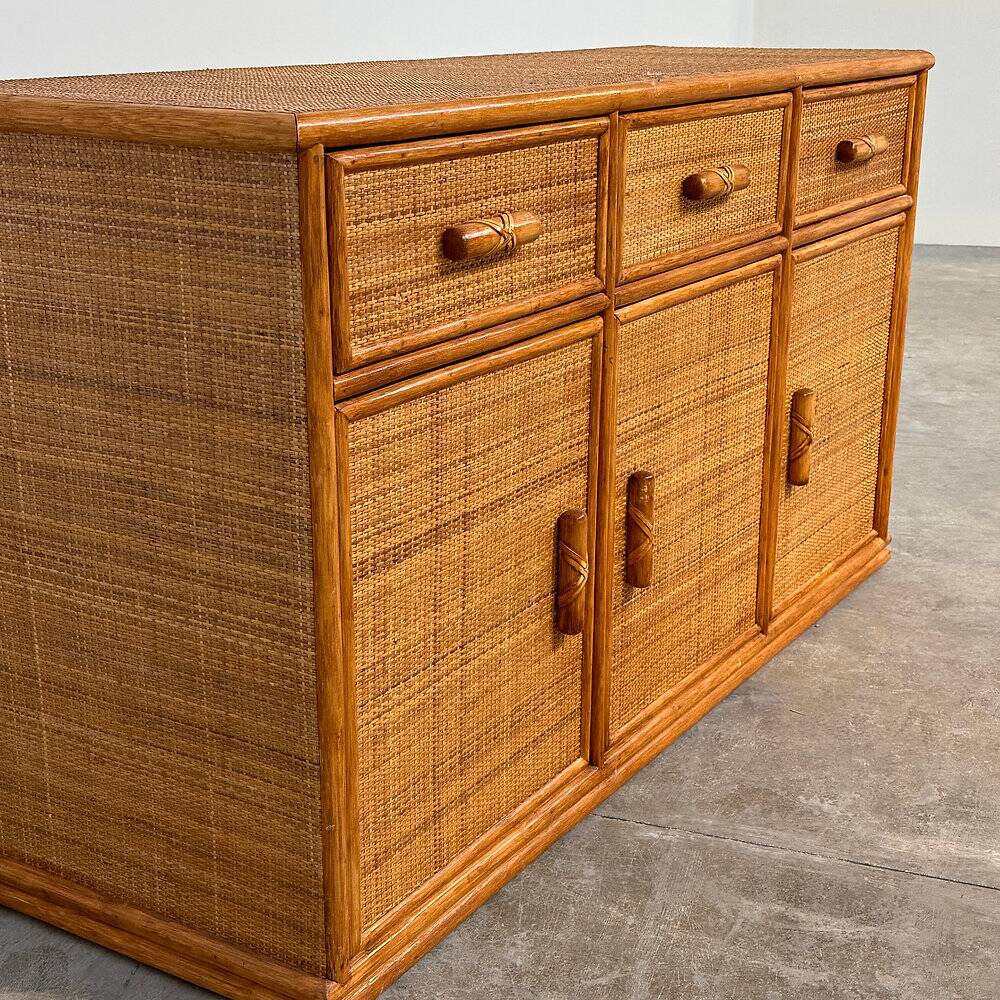 Vintage rattan & bamboo sideboard / credenza, 1970s
