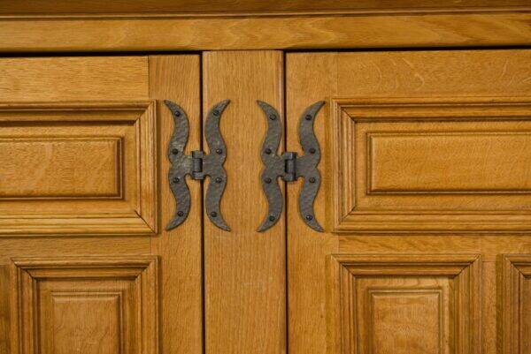 Large 4-door sideboard in solid oak and wrought iron, rustic style, 1960s