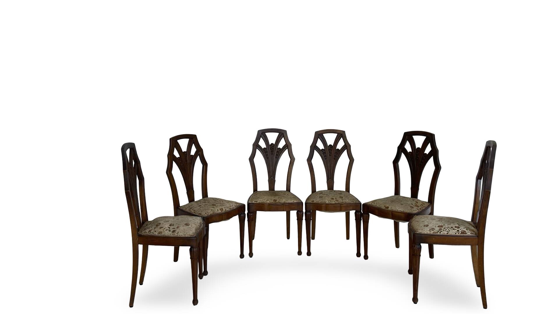 Ensemble de 6 chaises de salle à manger en noyer sculpté Art Déco, années 1920/1930