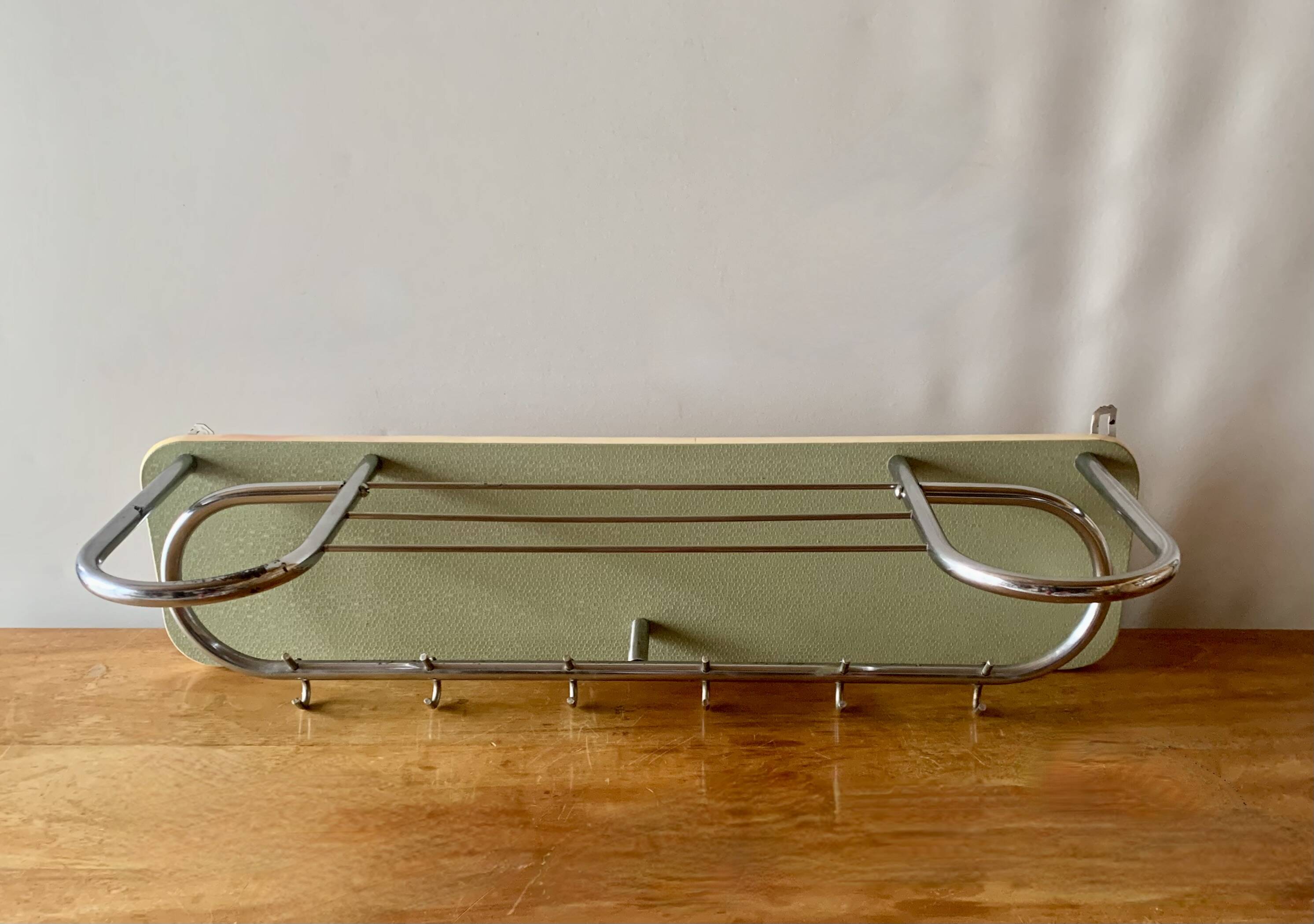 Large vintage wall-mounted coat rack in green Formica and chrome metal