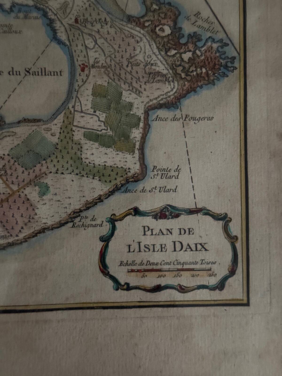 Color engraving under glass, plan of Isle Daix, 18th century