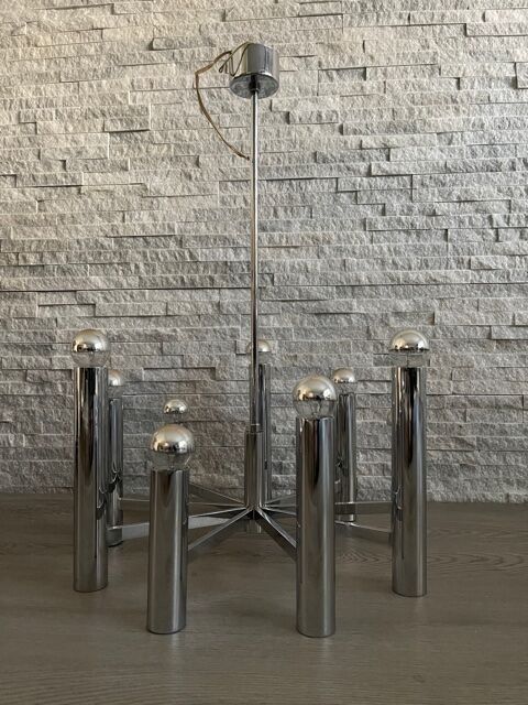 Large vintage chandelier stainless steel 1970