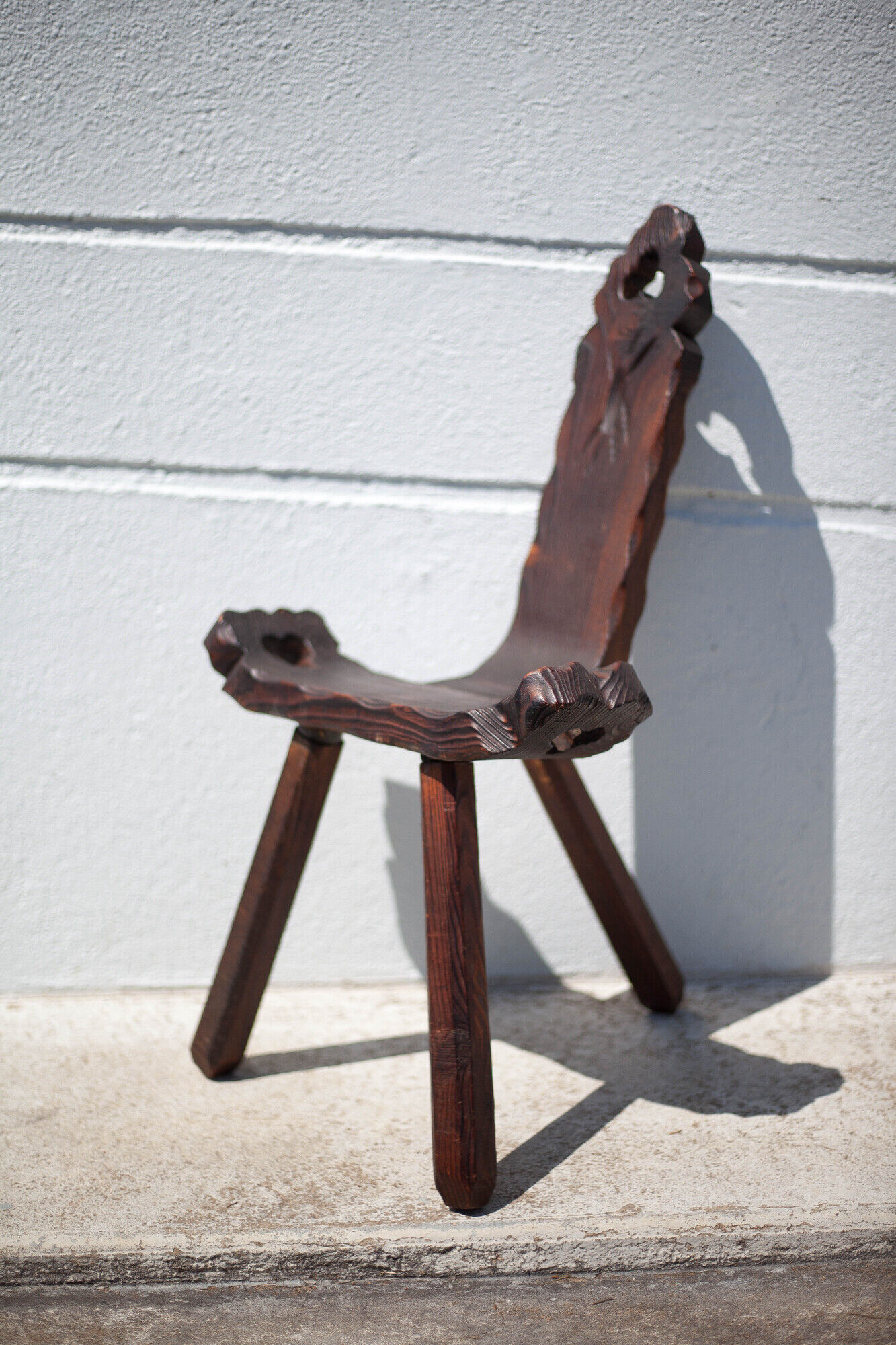 Brutalist wooden chair, tripod chair, Spanish chair