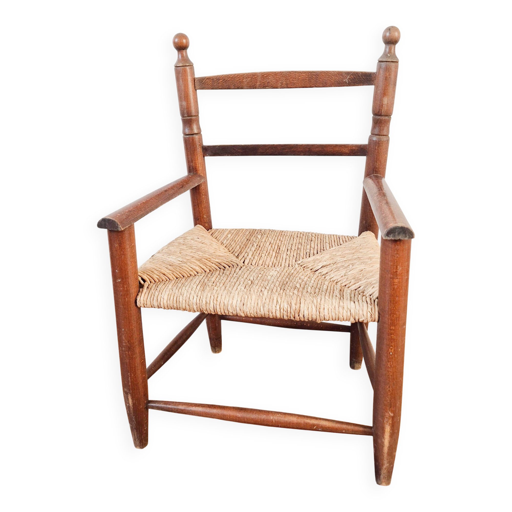 Vintage wooden and straw children's armchair, 1950s.