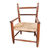 Fauteuil enfant vintage en bois et paille, années 50