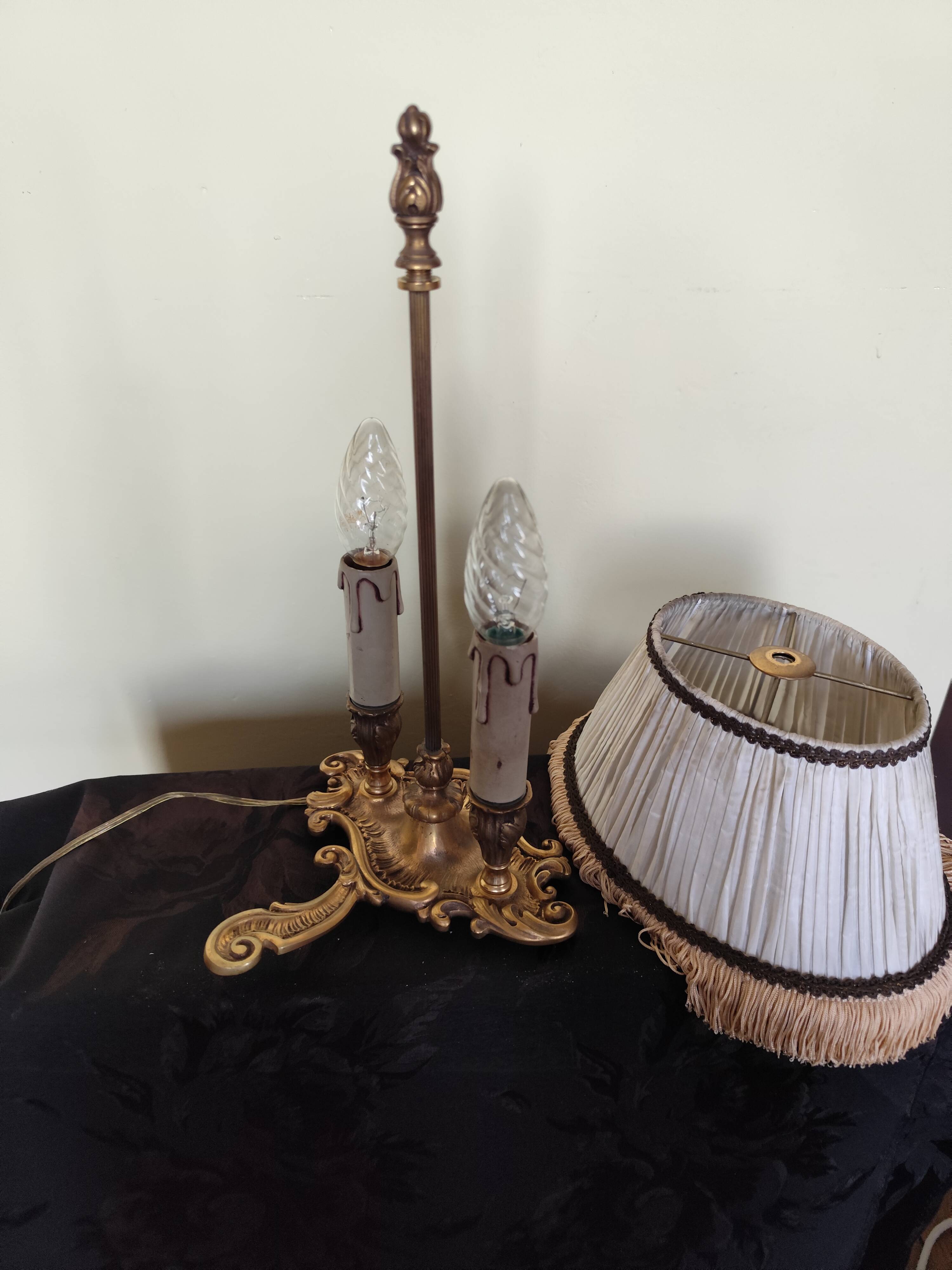 bronze bouillotte lamp with 2 lights and fabric shade