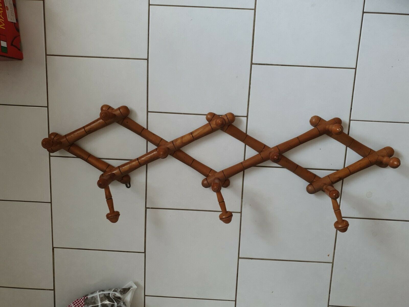 Vintage wooden coat rack imitation bamboo accordion 10 patères