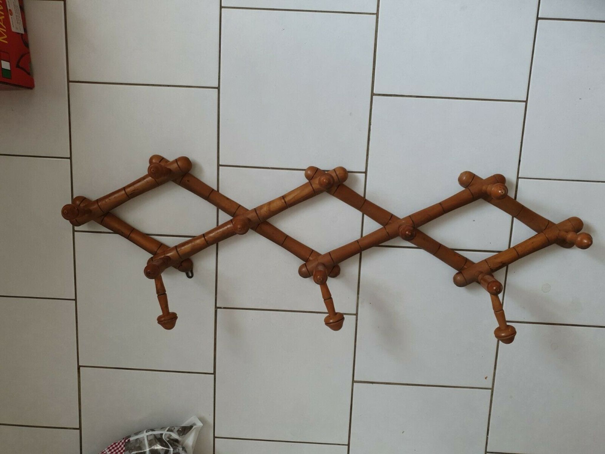 Vintage wooden coat rack imitation bamboo accordion 10 patères