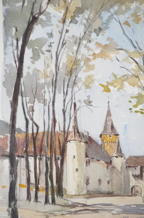 René LEVERD : Suisse, Château de Colombier, aquarelle originale signée
