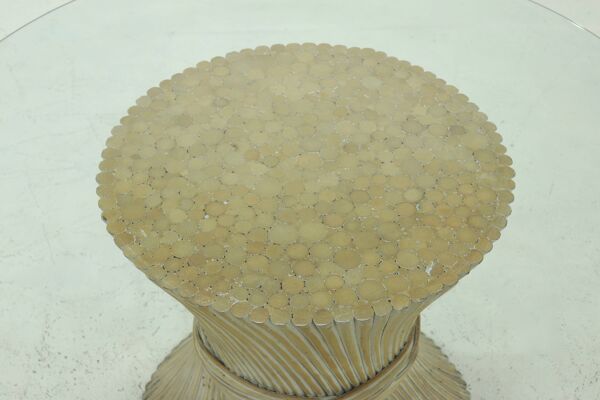 Table de salle à manger ronde en bambou et verre, attribuée à McGuire, États-Unis, années 1970