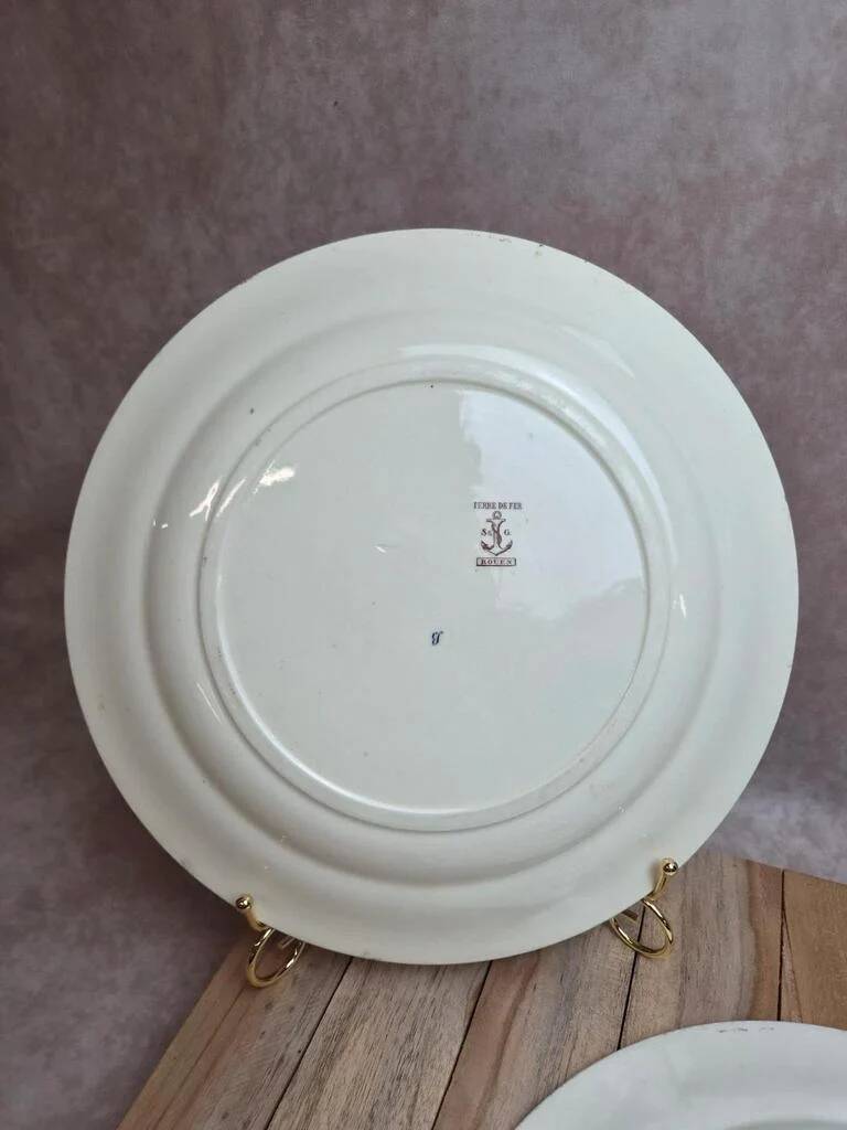 2 round plates Terre de Fer Clairefontaine Rouen sepia 19th century