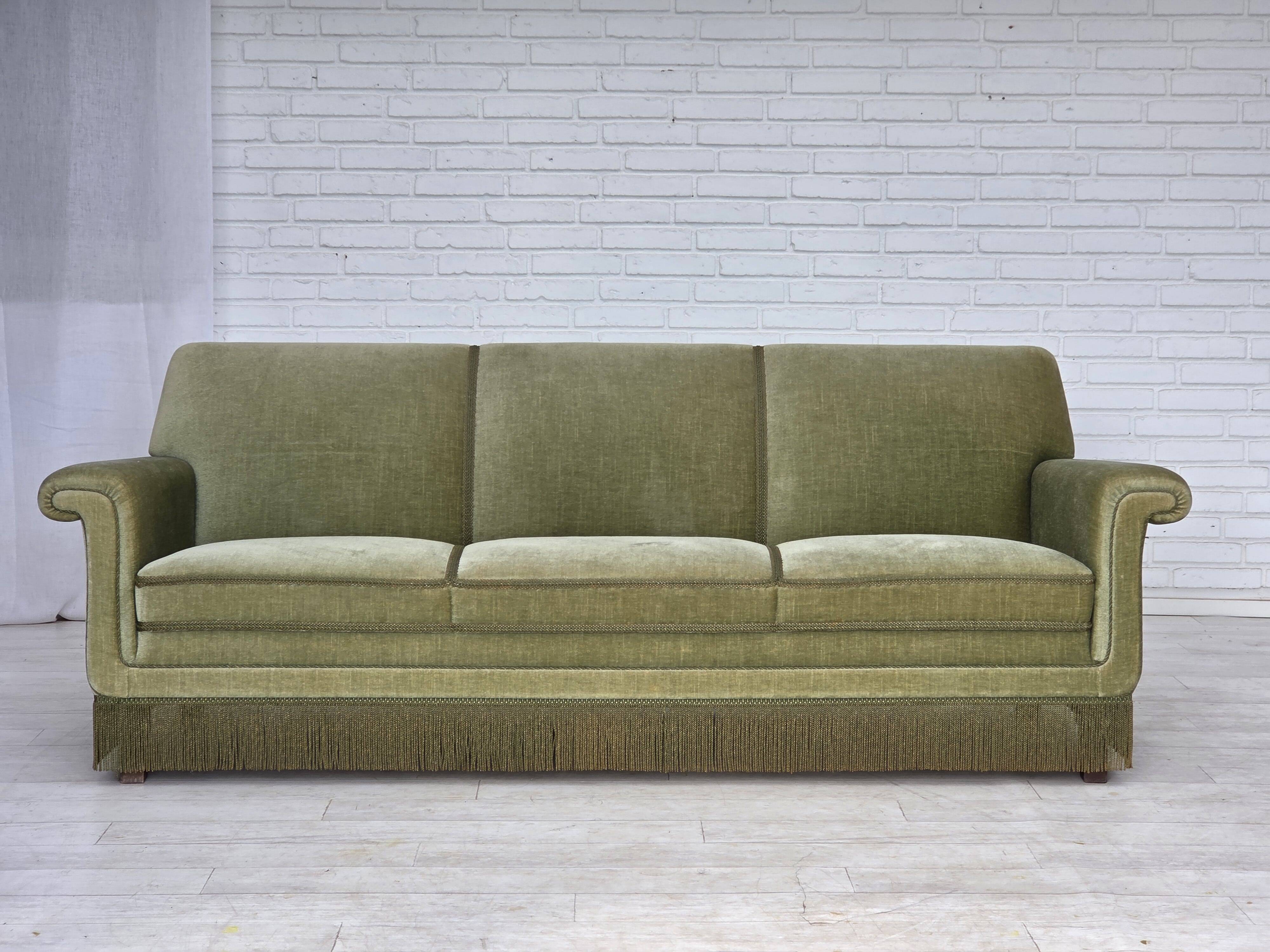 1970s, Danish 3-seater sofa, green furniture velour, beech wood.