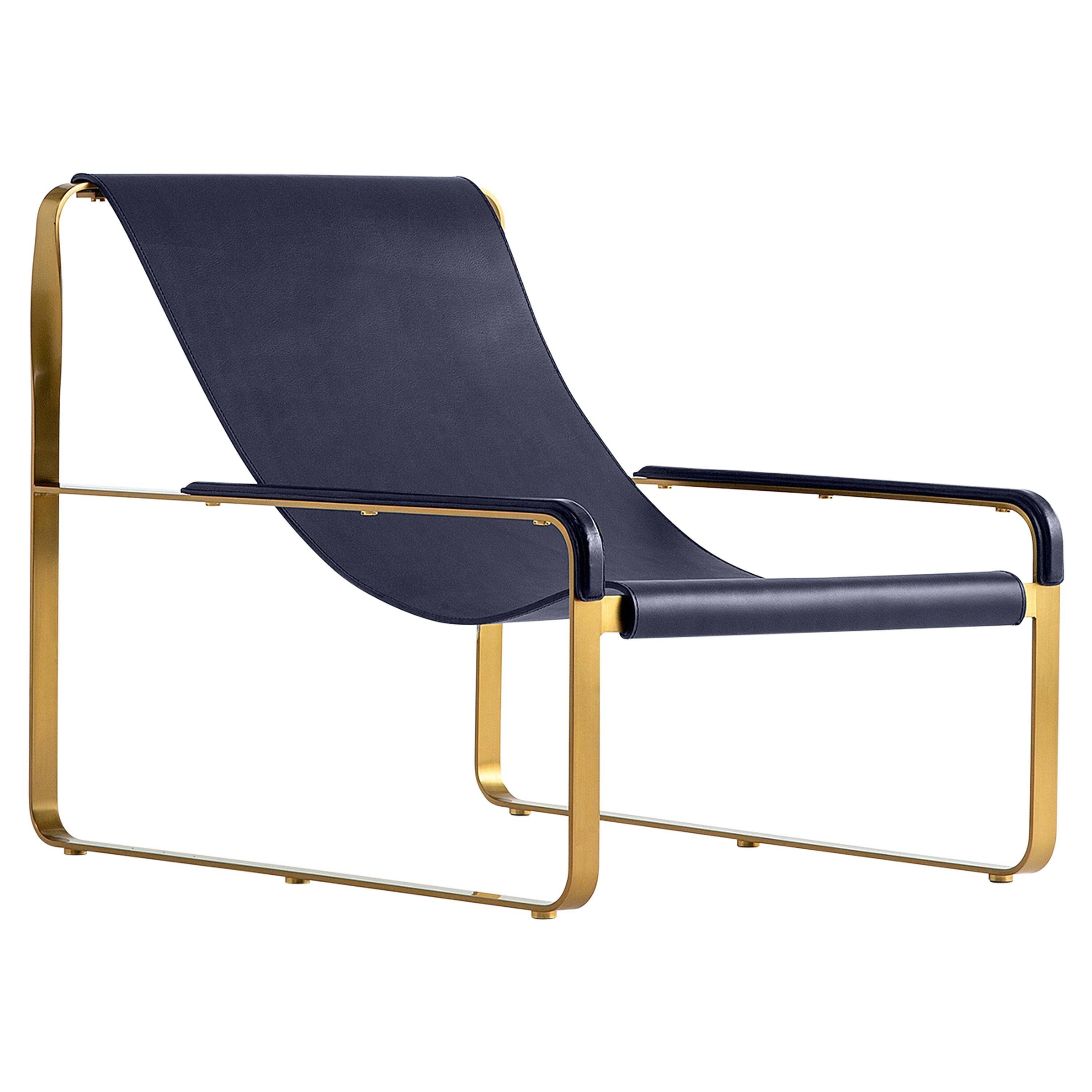 Classic Contemporary Chaise Longue in Aged Brass and Navy Blue Leather