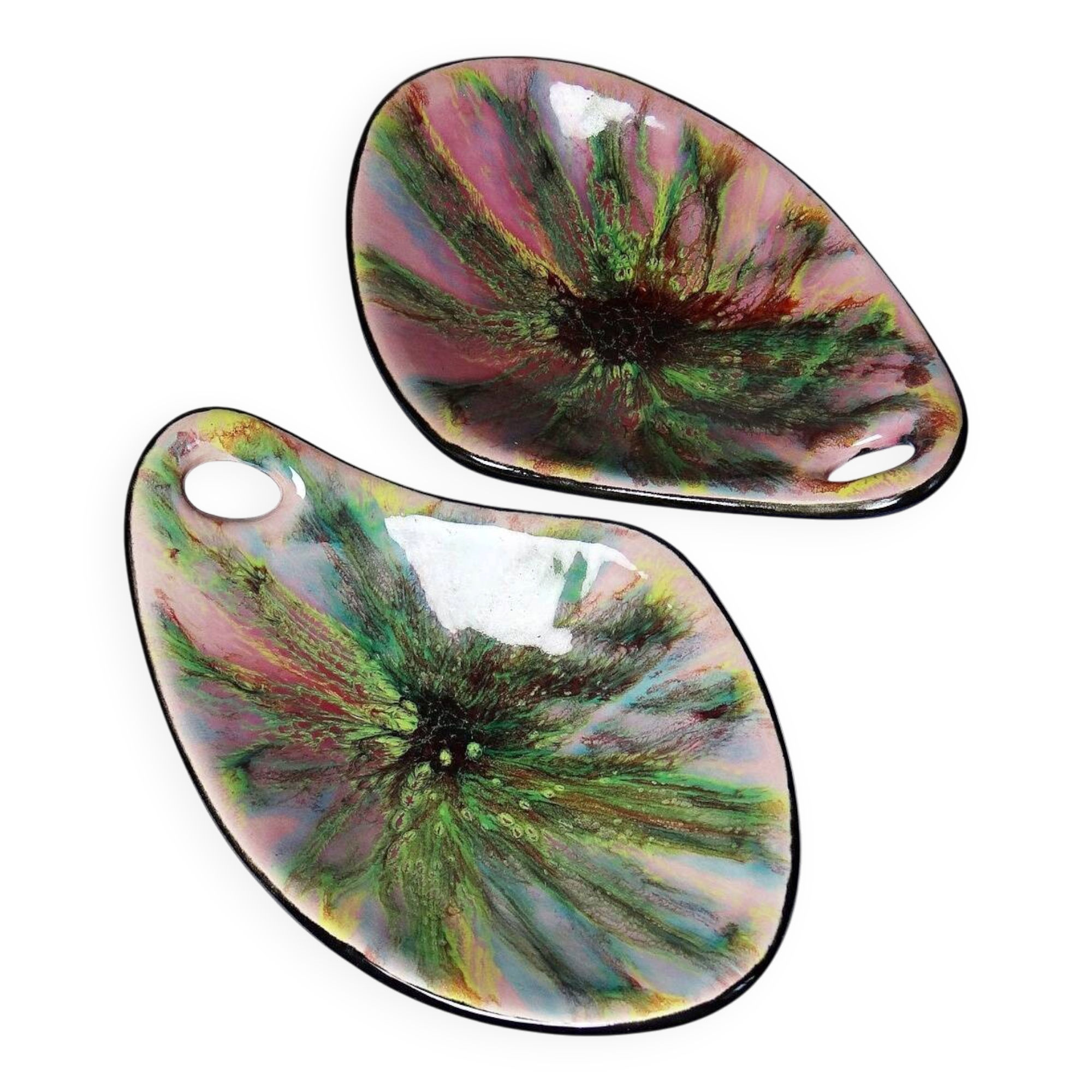 Pair of multicoloured glazed ceramic studio dishes, vintage 1960s.