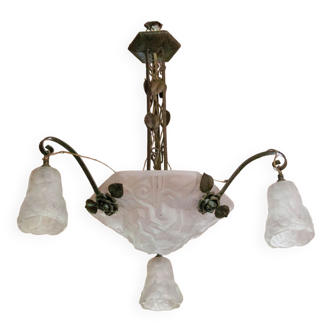 Art deco chandelier signed Degué, wrought iron and glass chandelier, ceiling lamp, suspension, 30s