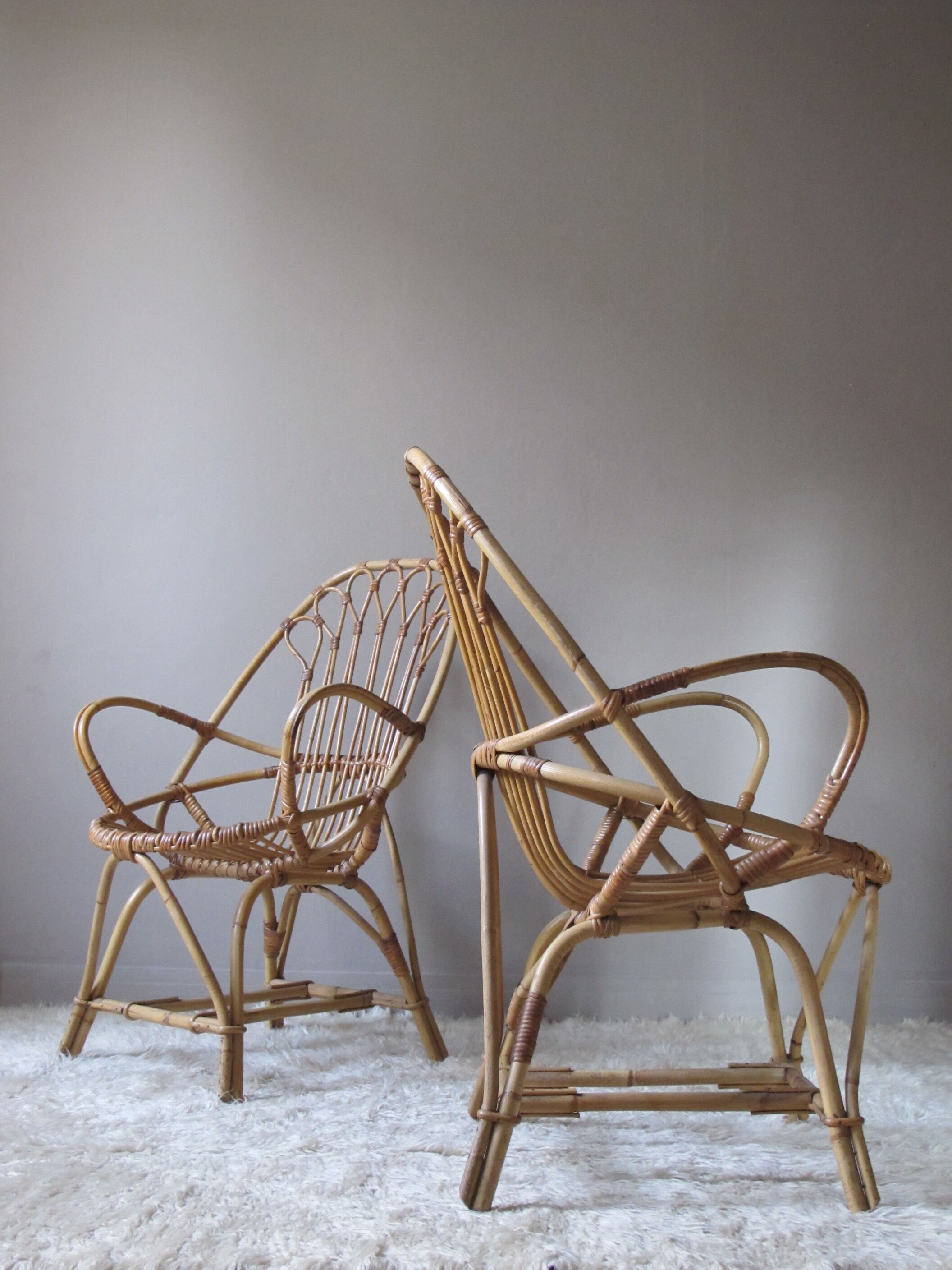 Pair of armchairs in rattan wicker vintage Bohemian style