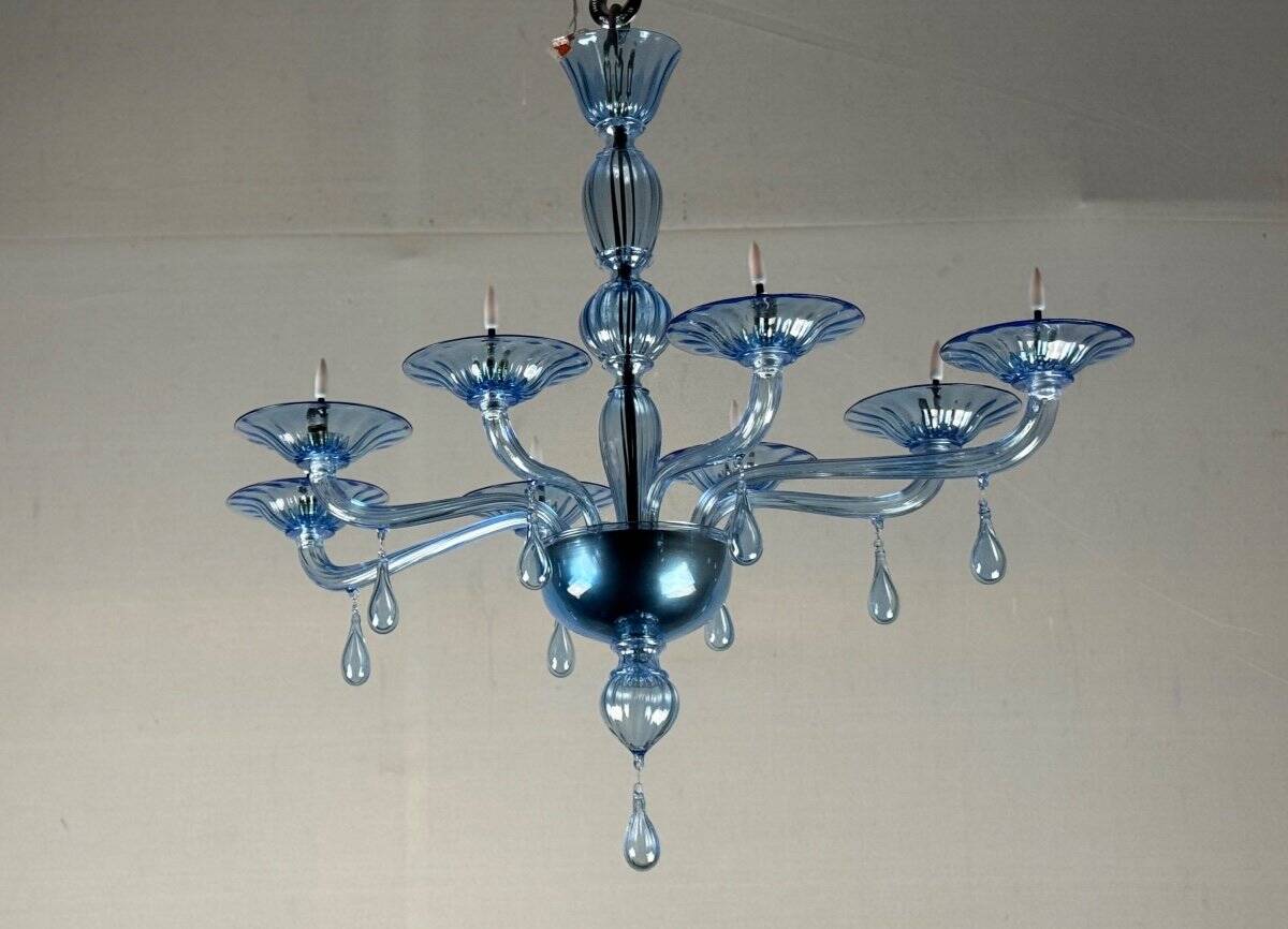 Blue murano glass venetian chandelier, 8 light arms