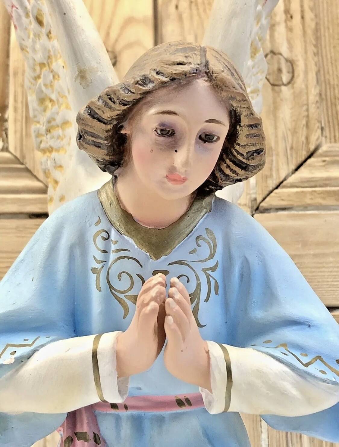 Large altar angel 42.5 cm plaster church statue sulphide eyes XIX
