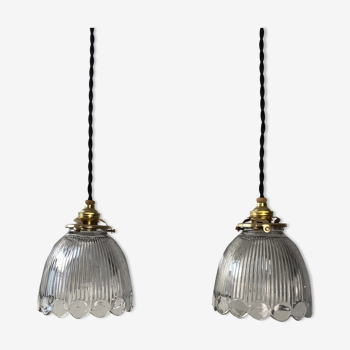Pair of old lot 2 pendant suspensions prismatic glass vintage