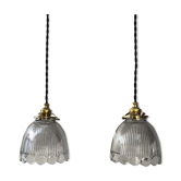 Pair of old lot 2 pendant suspensions prismatic glass vintage