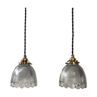Pair of old lot 2 pendant suspensions prismatic glass vintage
