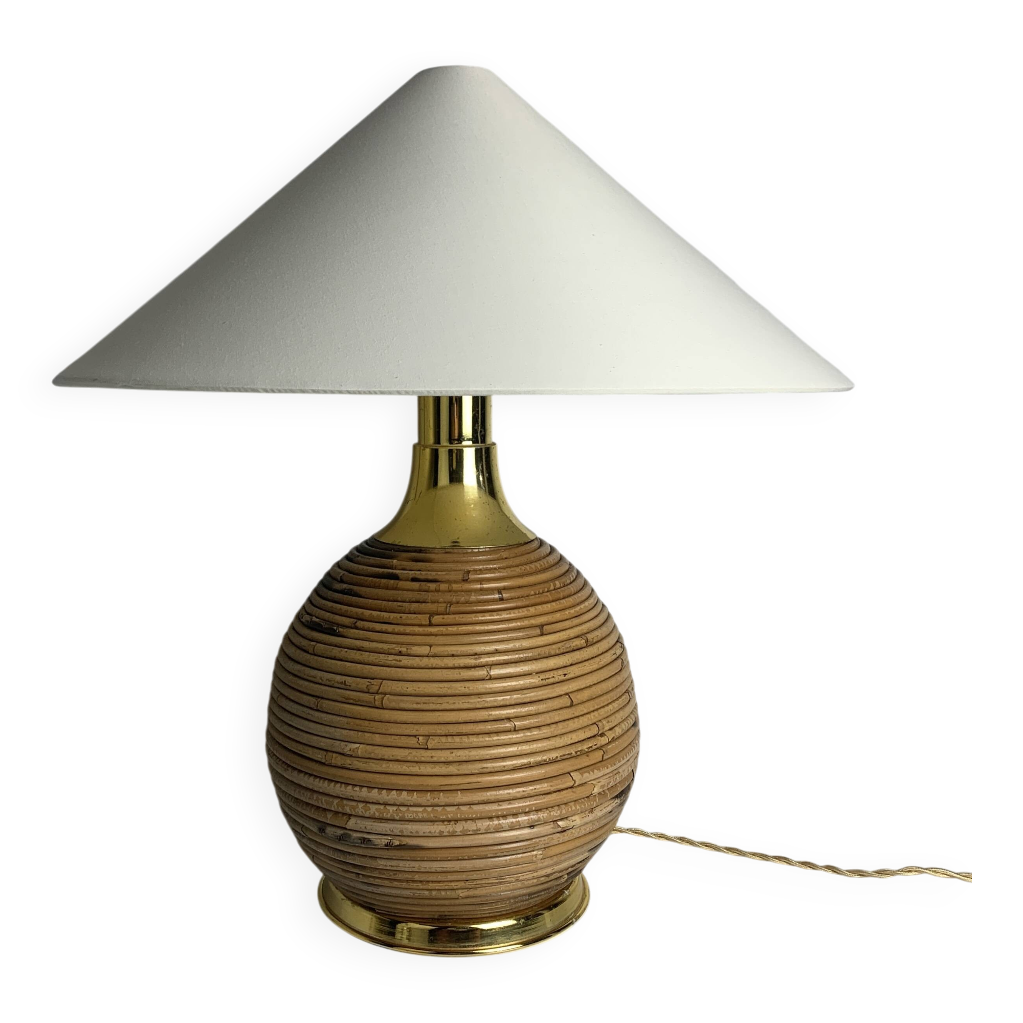 Large midcentury pencil reed rattan bamboo and brass table lamp Italy 1970s