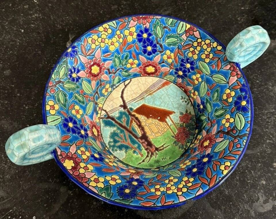 Longwy: Important bowl or empty pocket in polychrome cloisonné enamels